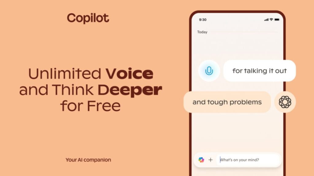 Présentation de Microsoft Copilot avec Voice et Think Deeper, illustration montrant les fonctionnalités premium gratuites