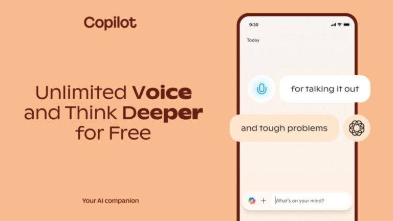 Présentation de Microsoft Copilot avec Voice et Think Deeper, illustration montrant les fonctionnalités premium gratuites