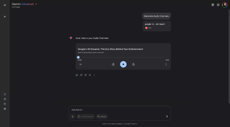 Présentation des fonctionnalités Canvas et Audio Overview de Google Gemini, mettant en avant l'interaction IA avec le texte et l'audio.