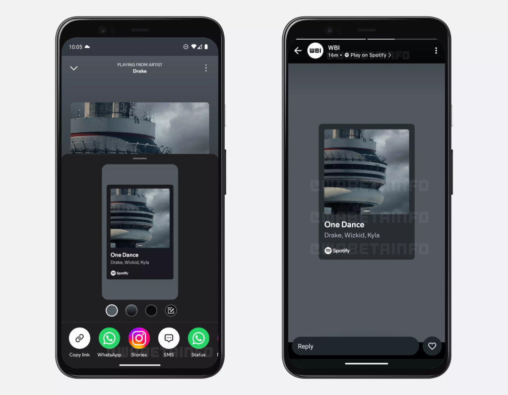 Interface WhatsApp présentant une fonctionnalité de partage de musique avec album Spotify