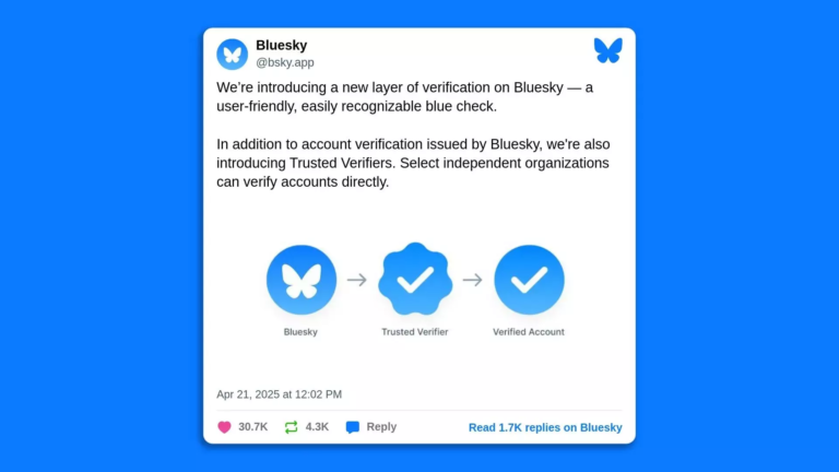Interface de Bluesky affichant le badge de vérification bleu sur un profil utilisateur authentifié.