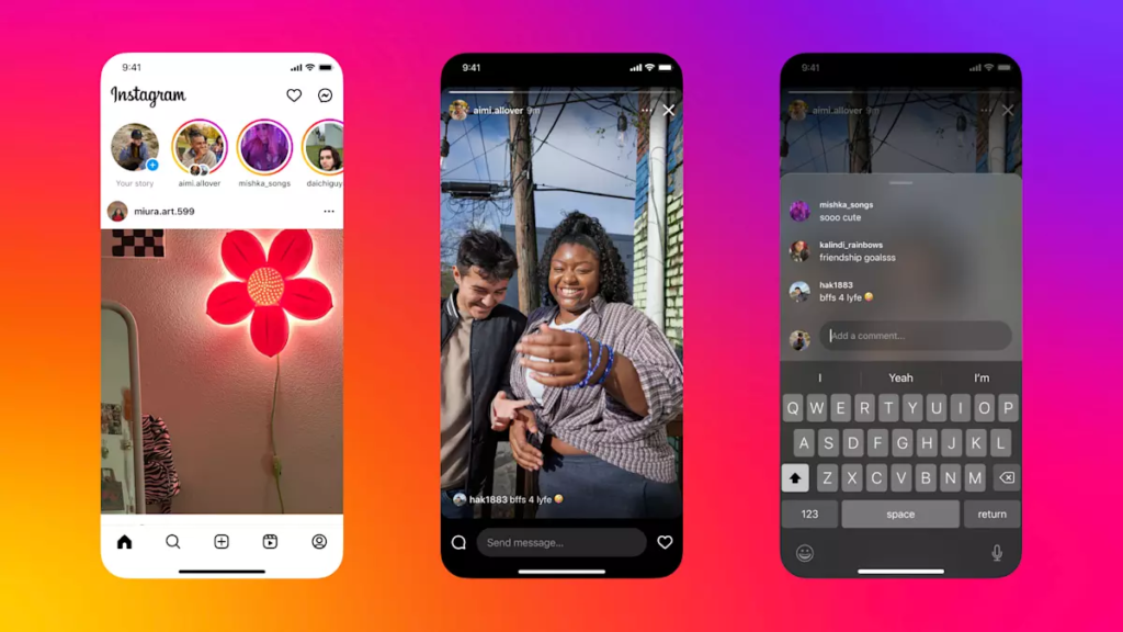Capture d'écran de l'interface Instagram montrant la fonctionnalité Storylines en action avec des Stories collaboratives lors d'un événement concert