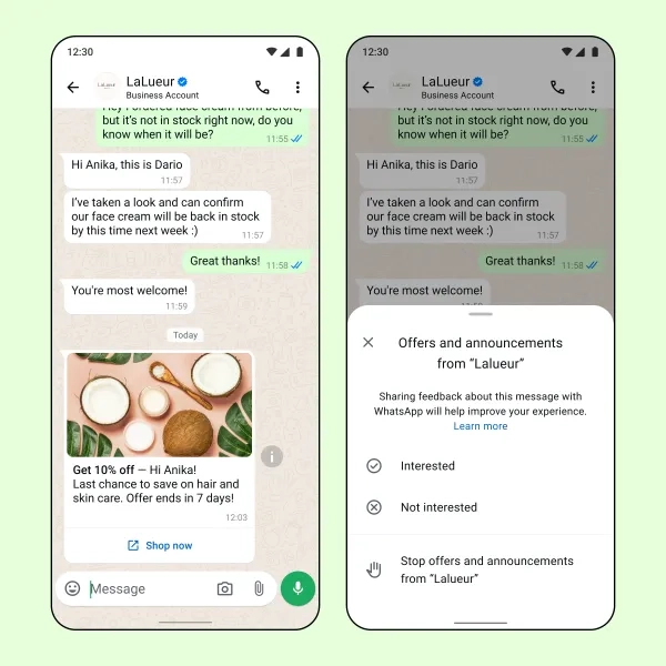 Interface de WhatsApp avec l’option de diffusion commerciale en action
