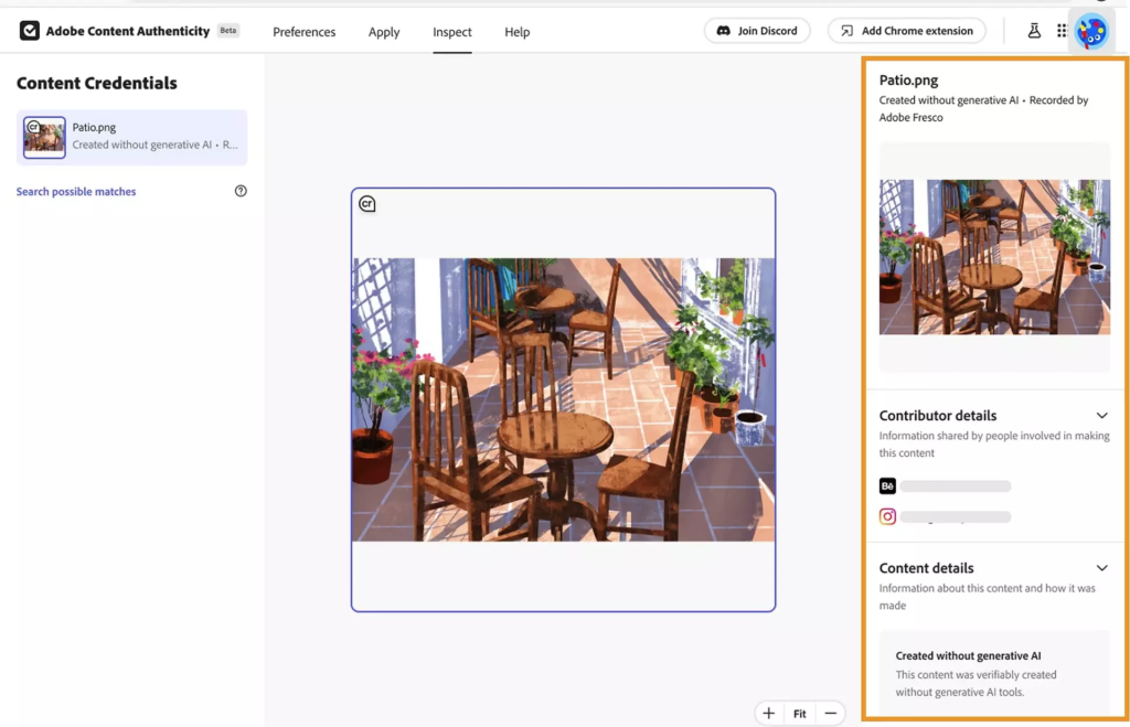 Interface Adobe Content Authenticity montrant la protection des images avec des signatures numériques avancées.