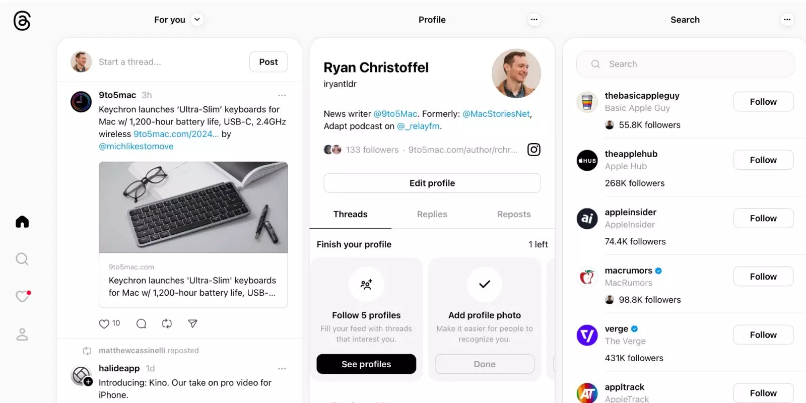 Vue de l'interface de Threads avec affichage en colonnes. Bientôt la migration vers le domaine threads.com.