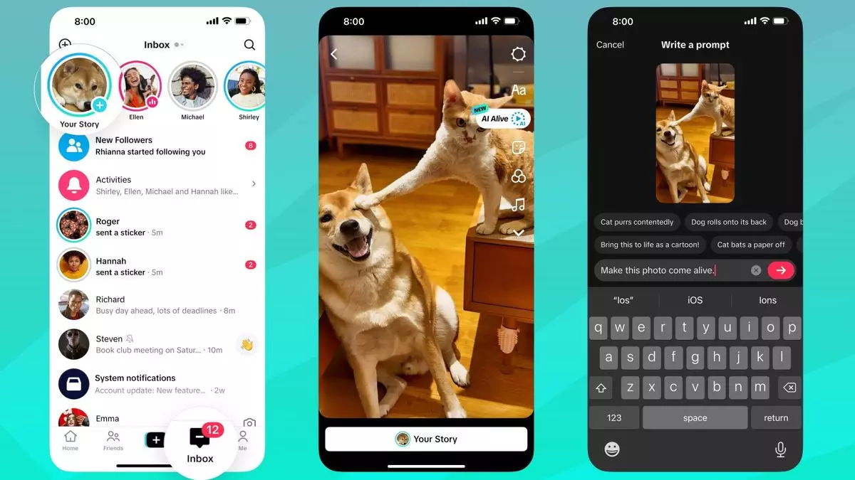 Interface de l'application TikTok montrant AI Alive transformant une image statique en vidéo dynamique.