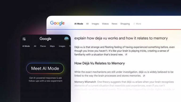 Interface AI Mode de Google Search illustrant la recherche conversationnelle basée sur l'intelligence artificielle.