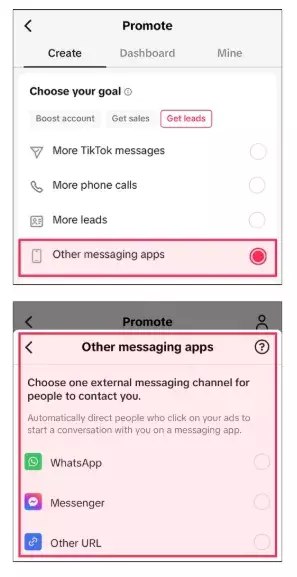 Intégration de messageries tierces dans la fonction Promote de TikTok pour les campagnes de génération de leads.
