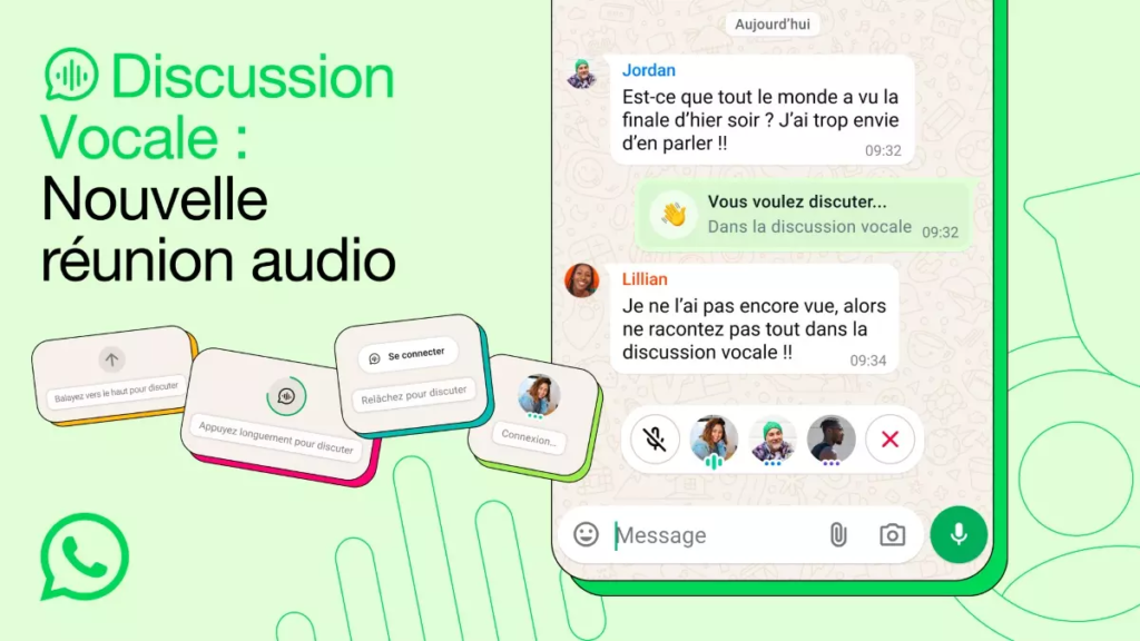 Interface WhatsApp montrant la nouvelle option de chat vocal pour les groupes.